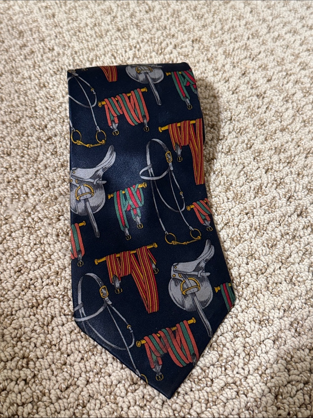 Source Unknown Navy Equestrian Print Silk Tie with Red and Green Accents